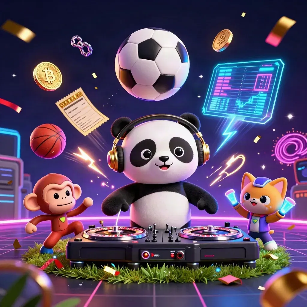 DJ panda, monkey and glow kitten amid a frozen soccer ball, casino neon, coins and fireworks.