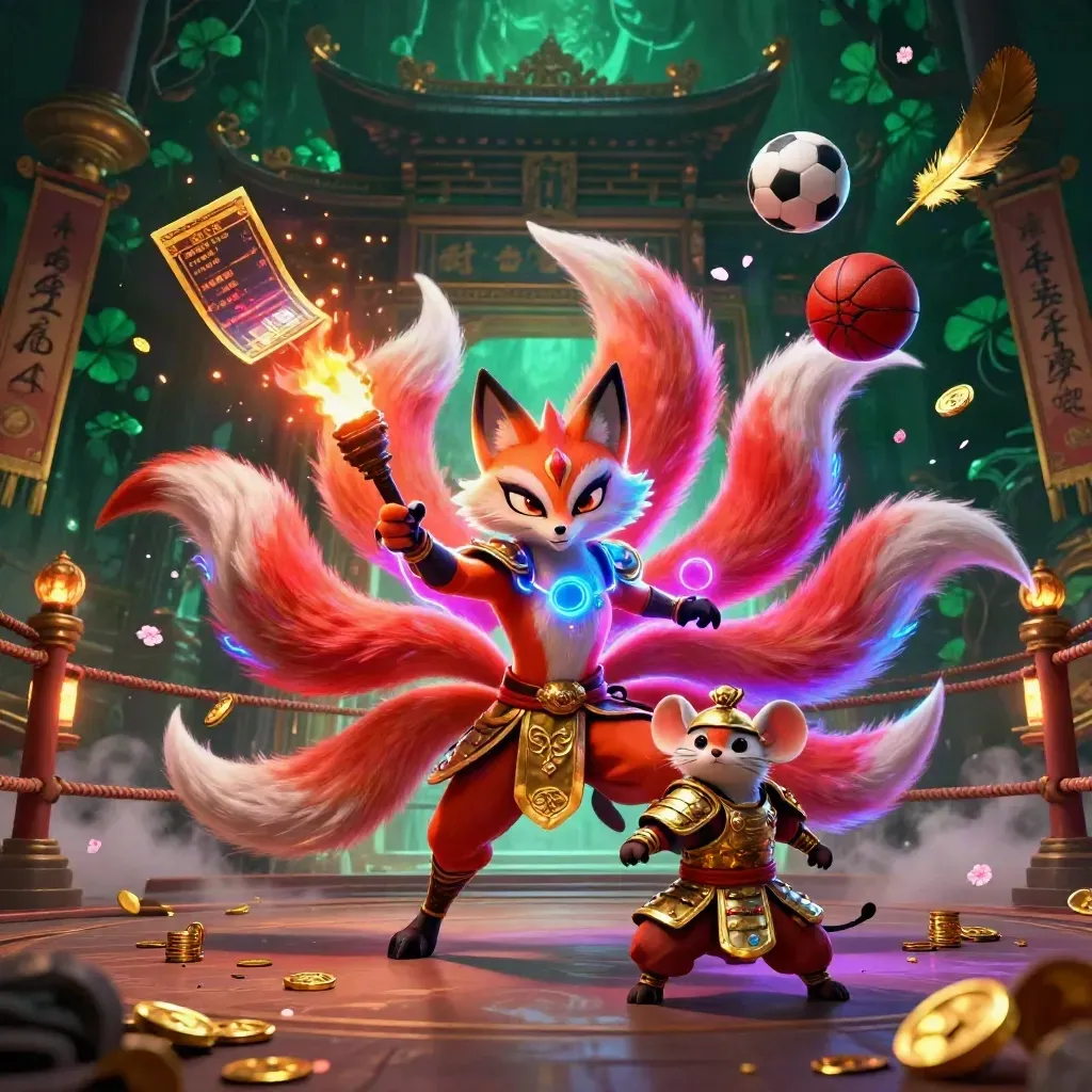 Neon fox spirit and armored mouse amid flying balls, coins, petals, and temple-ring light.