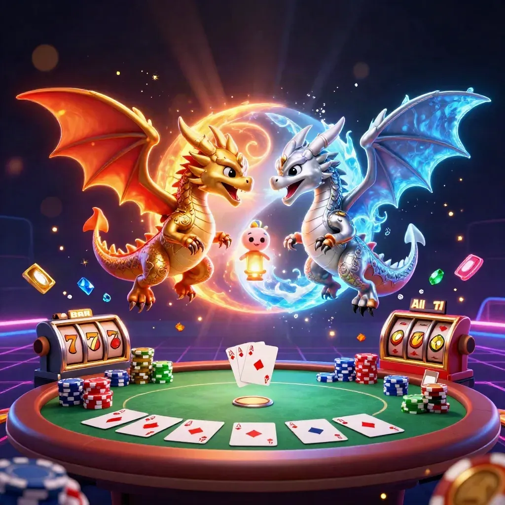 Twin gold and silver dragons clash with fire and ice over casino props in neon glow.