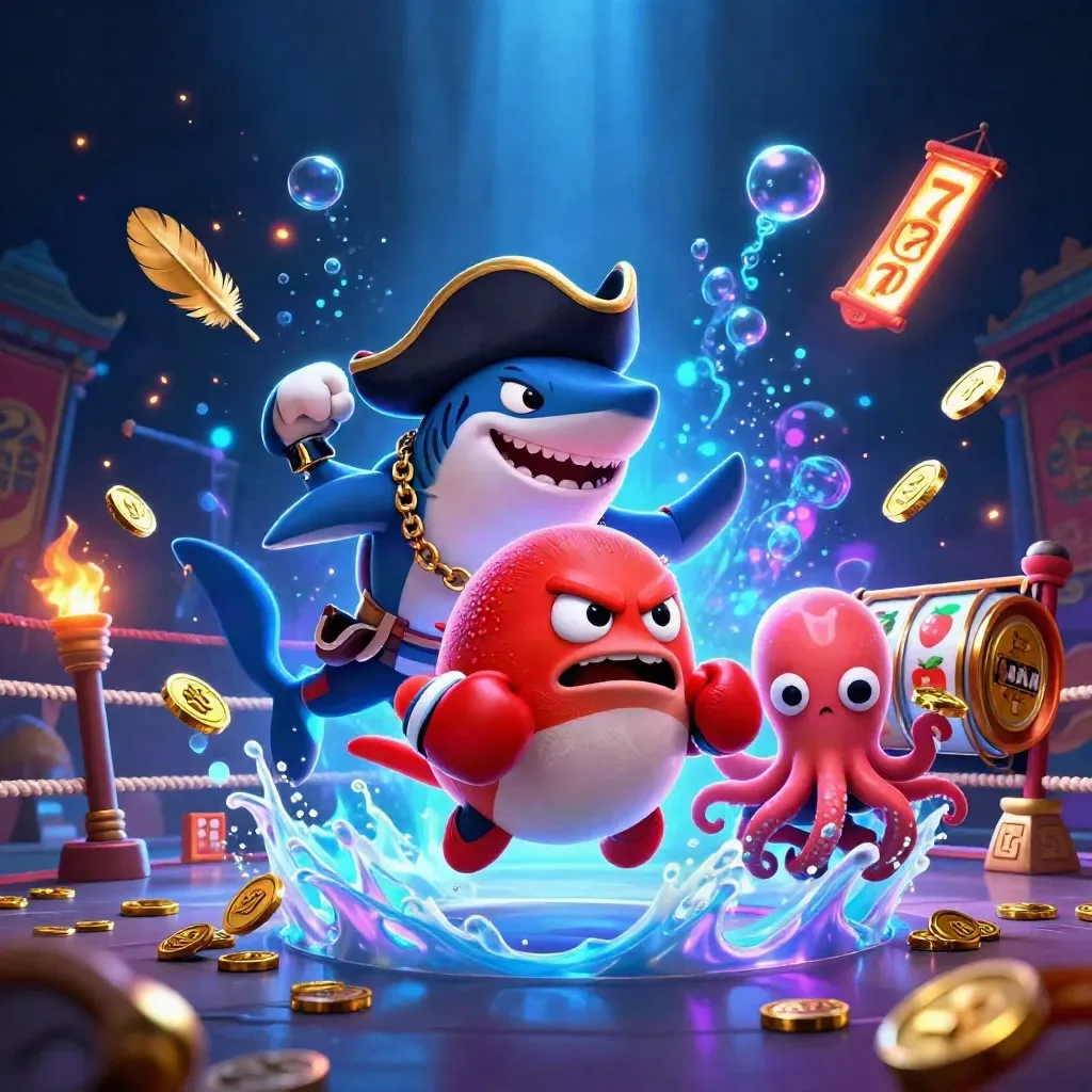 Pirate shark, boxing pufferfish, and coin-juggling octopus amid neon casino treasure