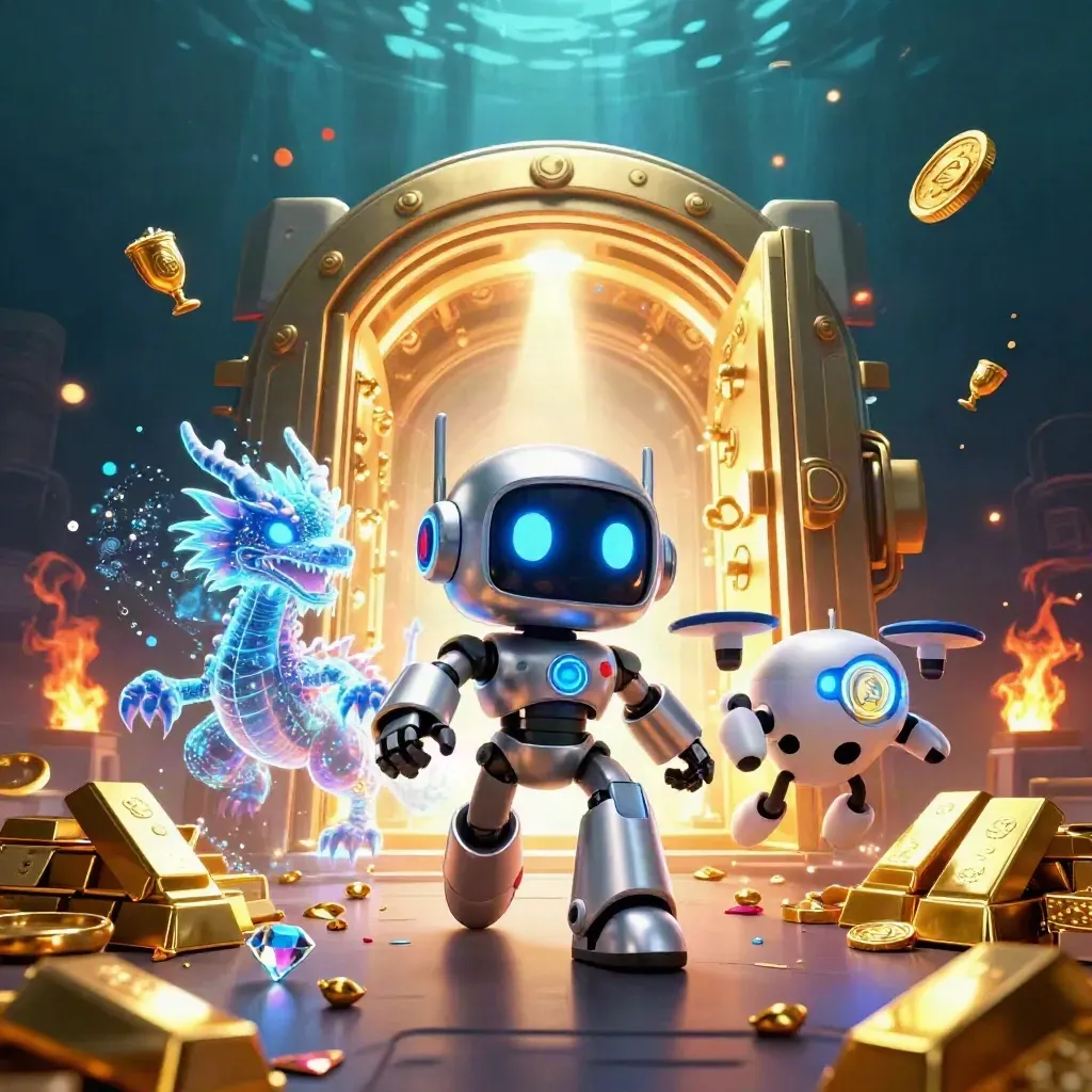 Cyberpunk robot, holographic dragon, and coin drone bursting from a glowing gold vault underwater