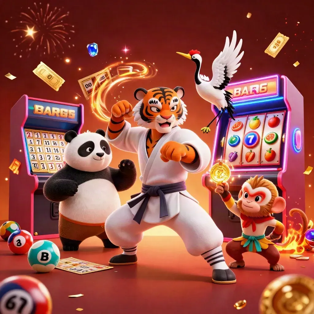 Kung-fu tiger, panda and monkey amid neon casino bursts, jackpot icons, confetti and glowing effects