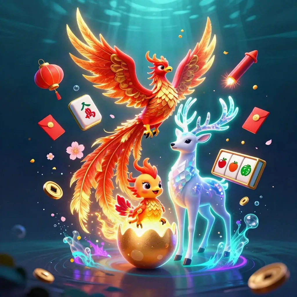 Phoenix, hatching egg, and crystal stag amid casino symbols in a glowing underwater scene