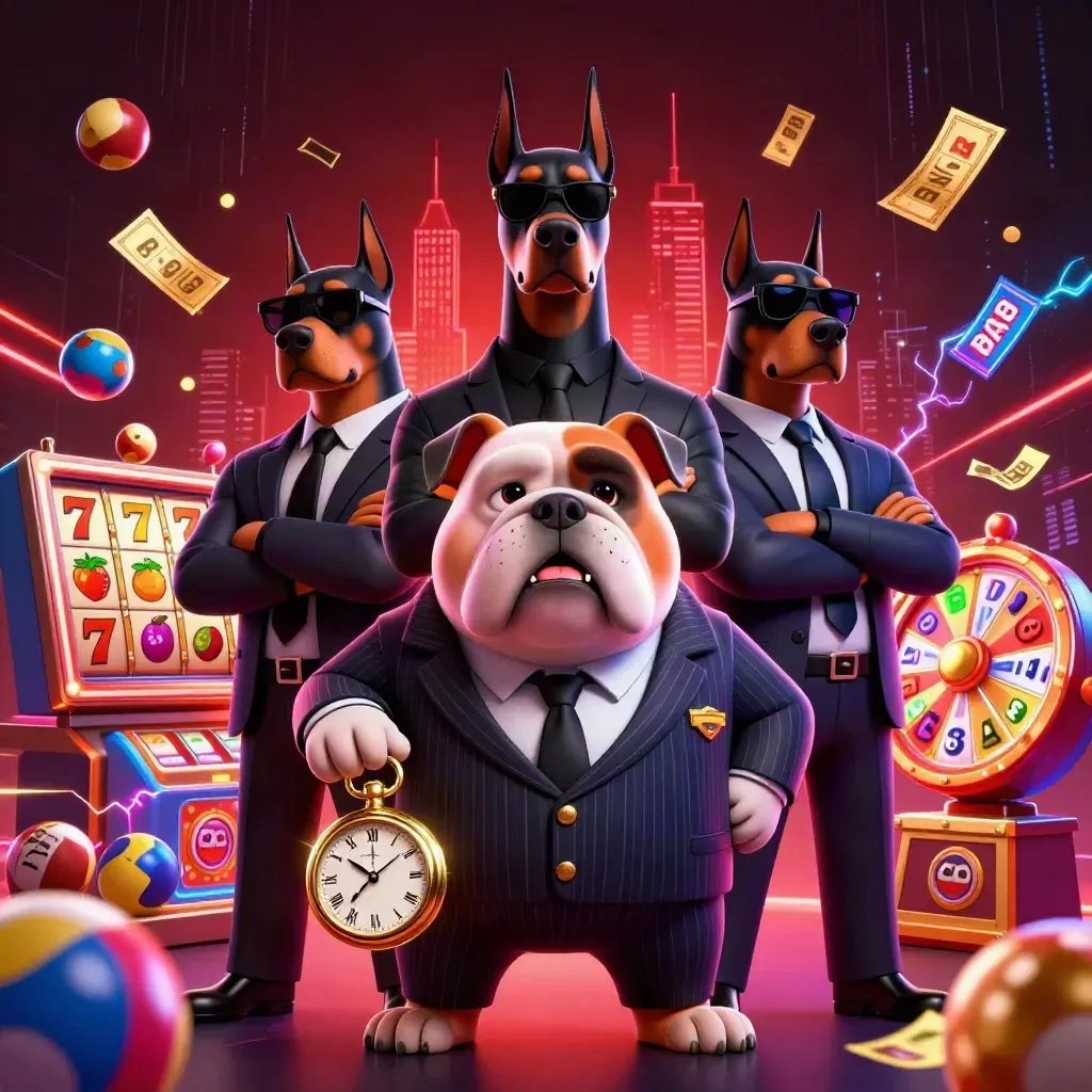 Bulldog mob boss with two Doberman guards amid slot reels, jackpot effects and neon casino energy