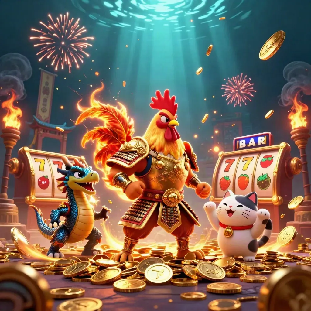Rooster warrior, dragon hatchling, and fortune-cat amid bursting coins and neon casino effects.