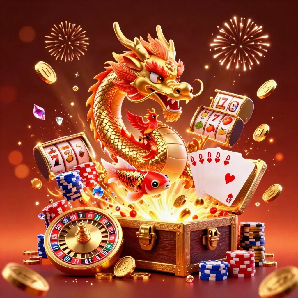 Golden dragon, phoenix, koi, coins, chips, roulette wheel, fireworks in a neon casino burst.