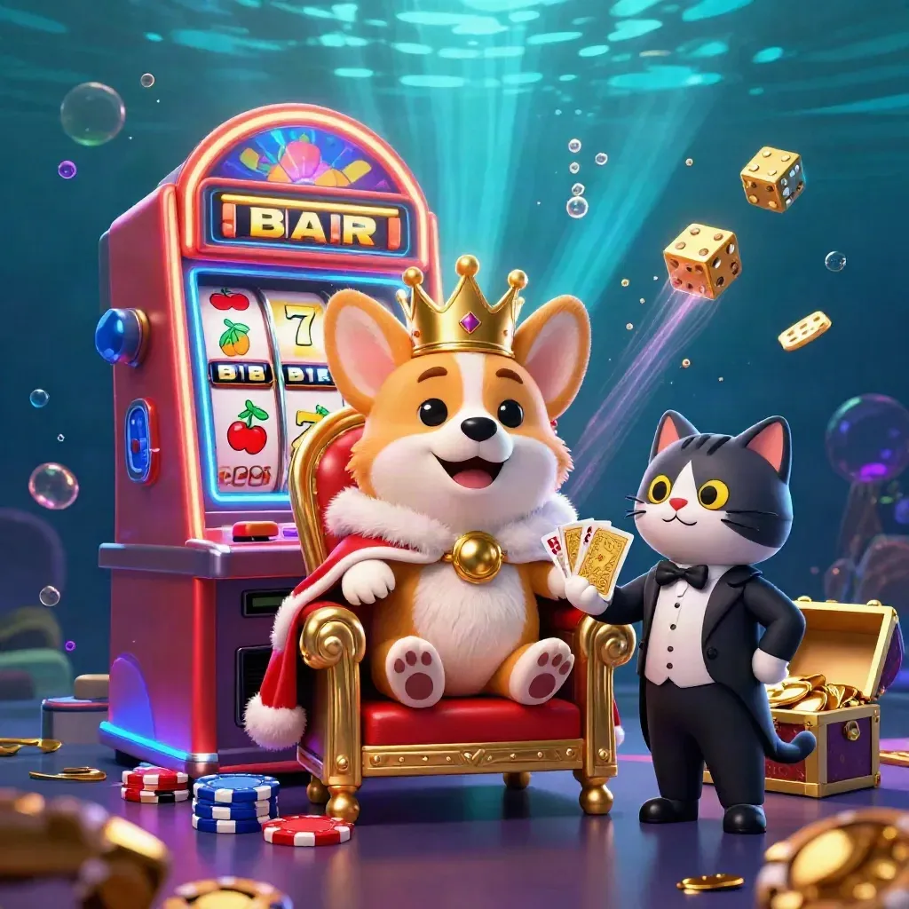 Royal corgi on chip throne with cat butler, slot machine burst, gold and neon glow underwater